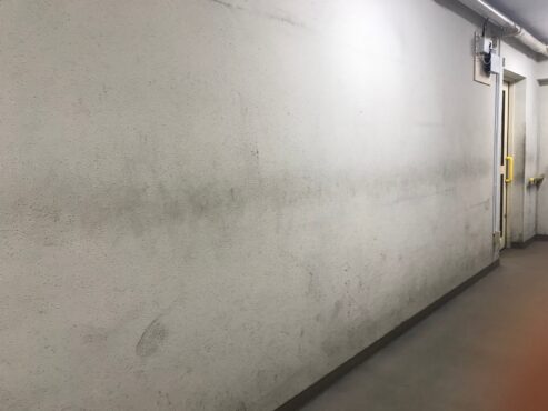 汚れが目立つようになった廊下の壁の写真